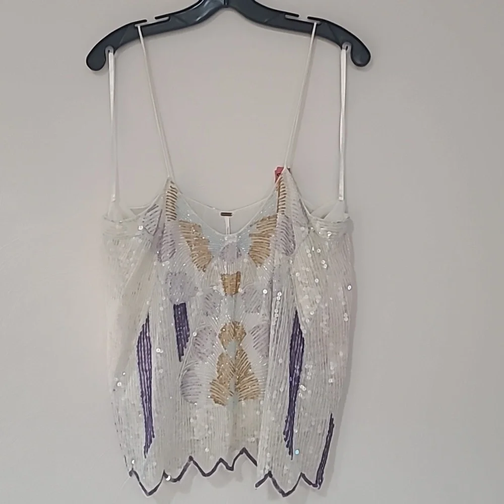 Free People White Sequin Beaded Tank Top with Lavender and Gold Accents - Picture 2 of 4